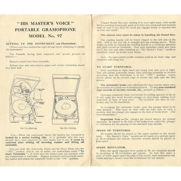 GRAMOFONO PORTATILE HMV (HIS MASTER'S VOICE) MODELLO 97 D Serial n° 8/9 52291